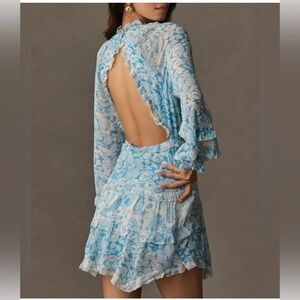 NWT Size XS - By Anthropologie Long-Sleeve Backless Sheer Ruffle Mini Dress